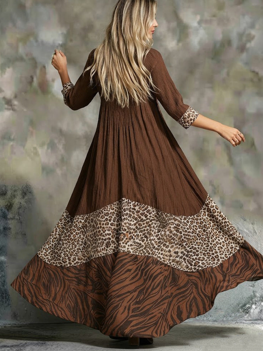 Boho Vintage Leoparden-Tiger-Kontrast Splice V-Ausschnitt 3/4-Arm Fließendes Überwurf-Kleid bis zum Knöchel Maxi Kleid