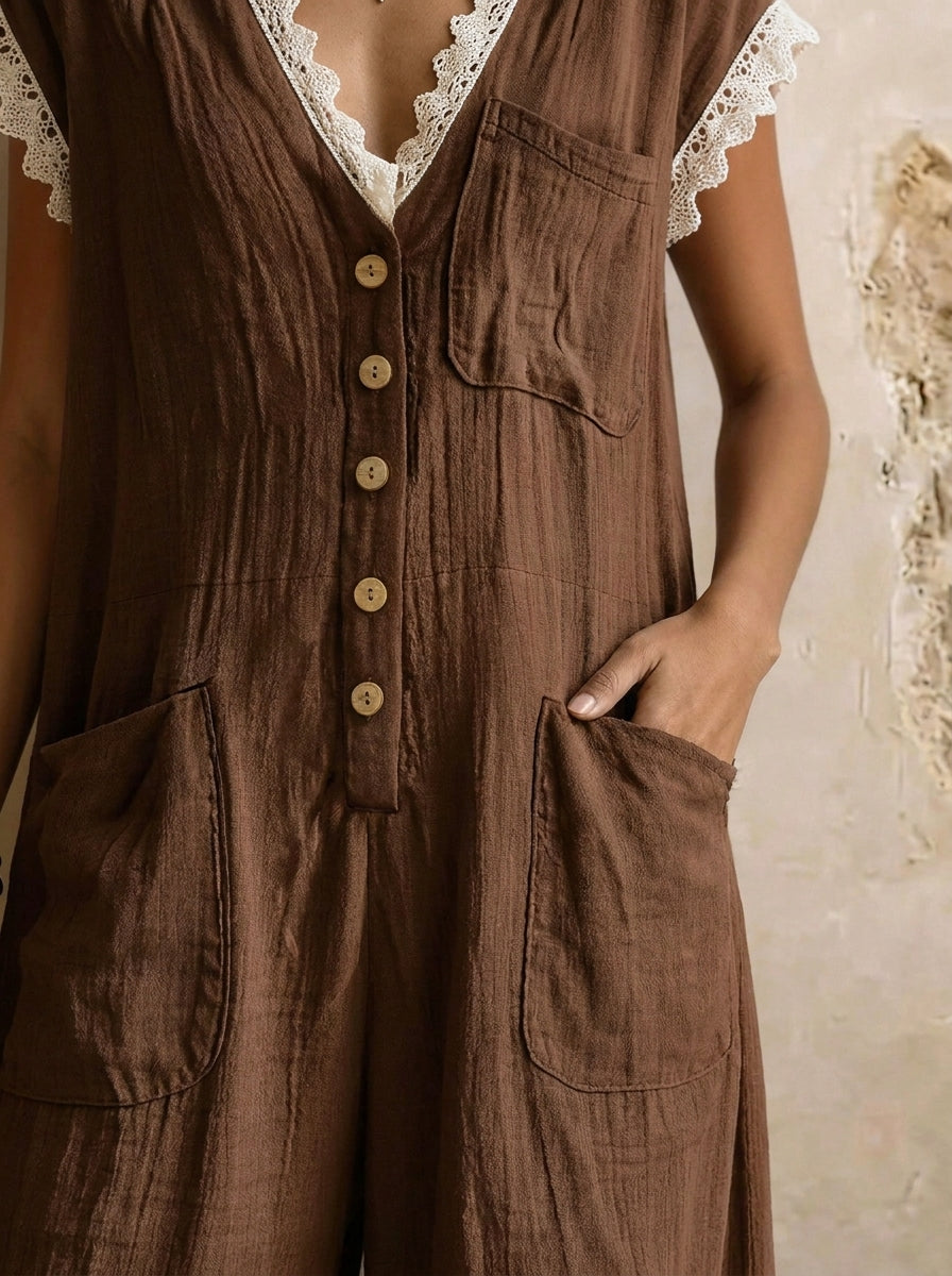Tuta larga da donna in lino e cotone marrone