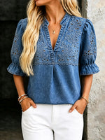 Camisa Casual de Manga Curta Solta em Denim com Estampa Floral Ruffle Hollow