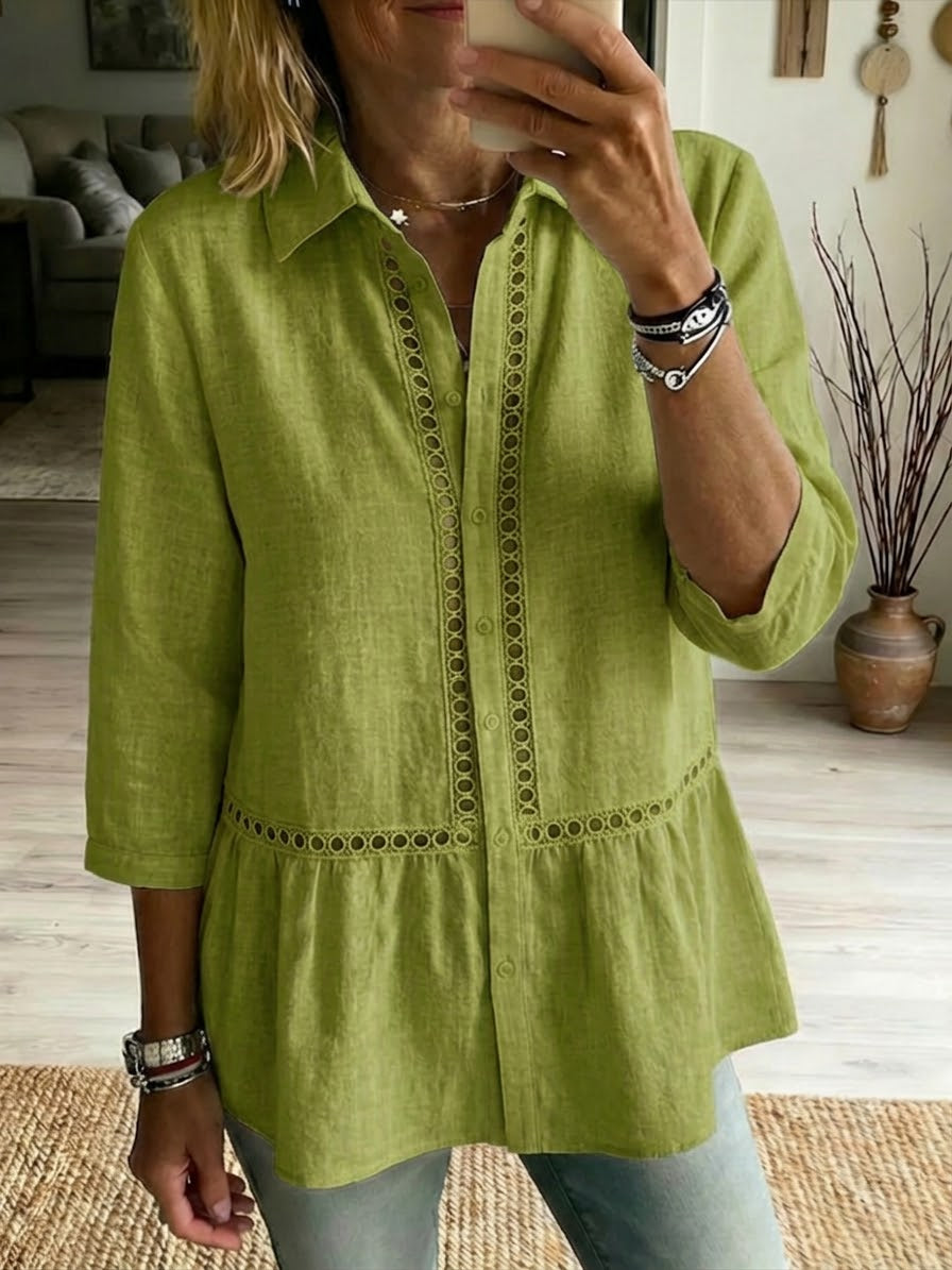 Camicia casual in lino e cotone con rete a patchwork traforata