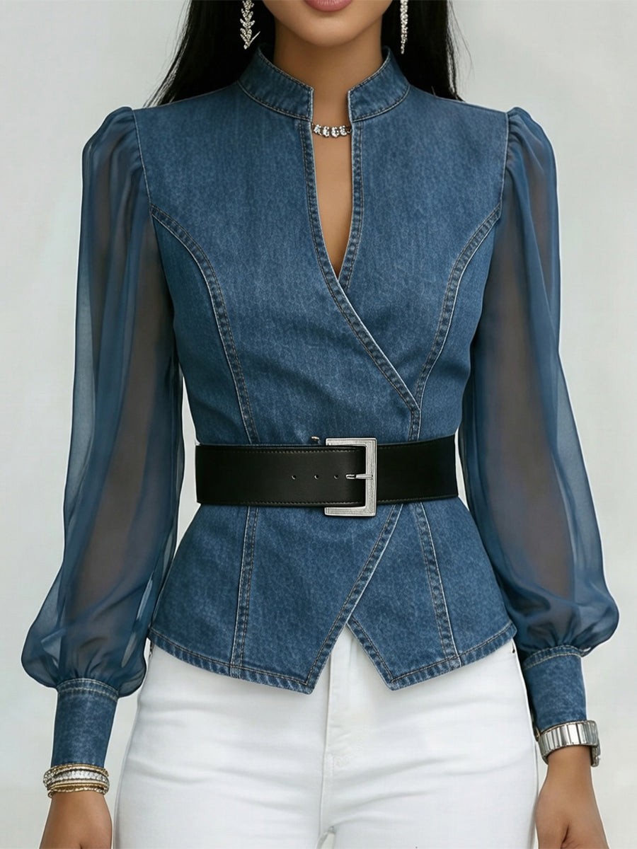 Elegantes, schlank geschnittenes Denim-Oberteil mit Organza-Ärmeln.