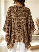Women's Leopard Pattern Bat Sleeve Art Casual Stylish 3/4 Sleeve Cotton Linen Shirt