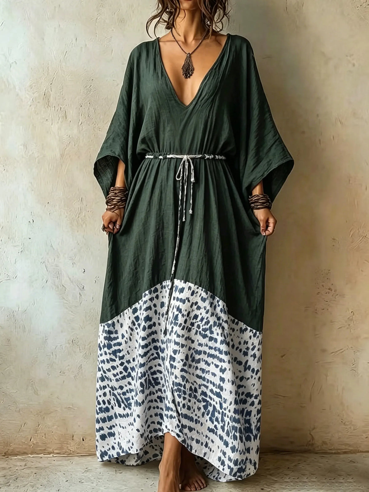 Damen Maxikleid mit Leopardenmuster, V-Ausschnitt und lockerem Schnitt für den Urlaub