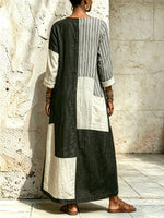 Vestito da donna in cotone e lino con maniche lunghe, scollo a V, stile casual artistico e patchwork geometrico ampio e alla moda