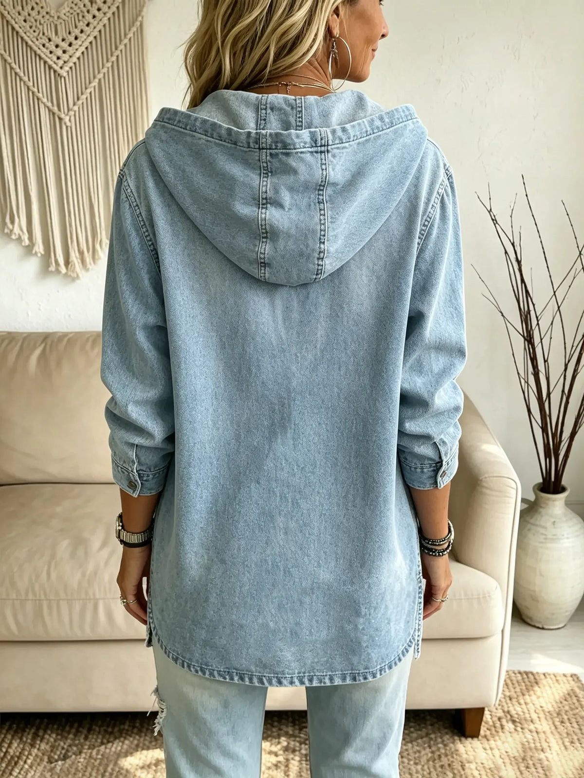 Damen-Solid-Washed-Denim-Hoodie-Henley-Oberteil