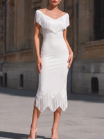 Women's Solid Color V-neck Sleeveless Casual Slim-fit High-stretch Fringe Dress