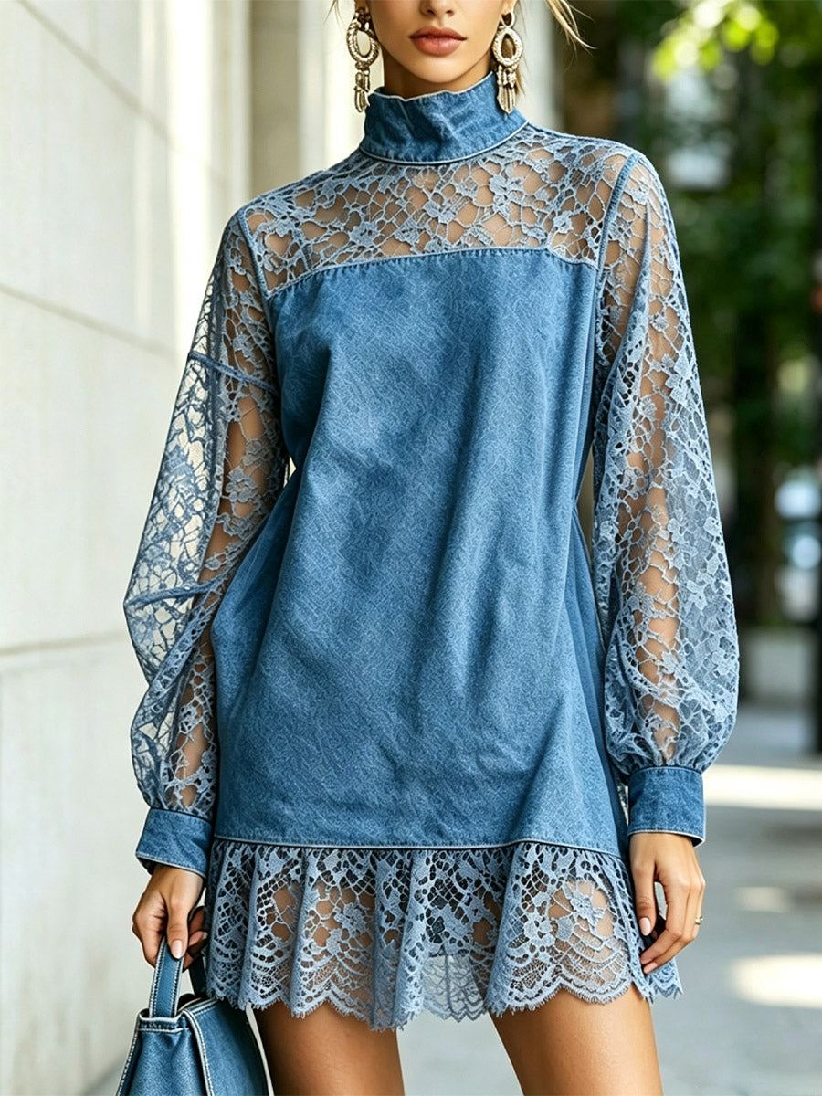 Jeans- und Spitzen-Patchwork, locker, kunstvoll, lässig, stilvoll, langärmliges kurzes Kleid