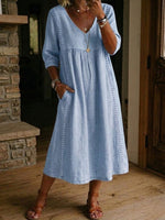 Vestito casual ampio in lino e cotone con toppe e rifiniture in pizzo