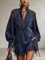 V-neck Embroidered Dress With Tassels