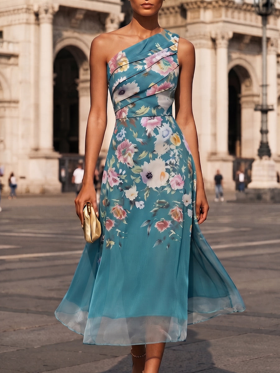 Elegantes Midikleid mit Blumenmuster und schulterfreiem Design für die Urlaubsparty