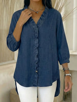 Camicia casual da donna in denim con scollo a V e volant
