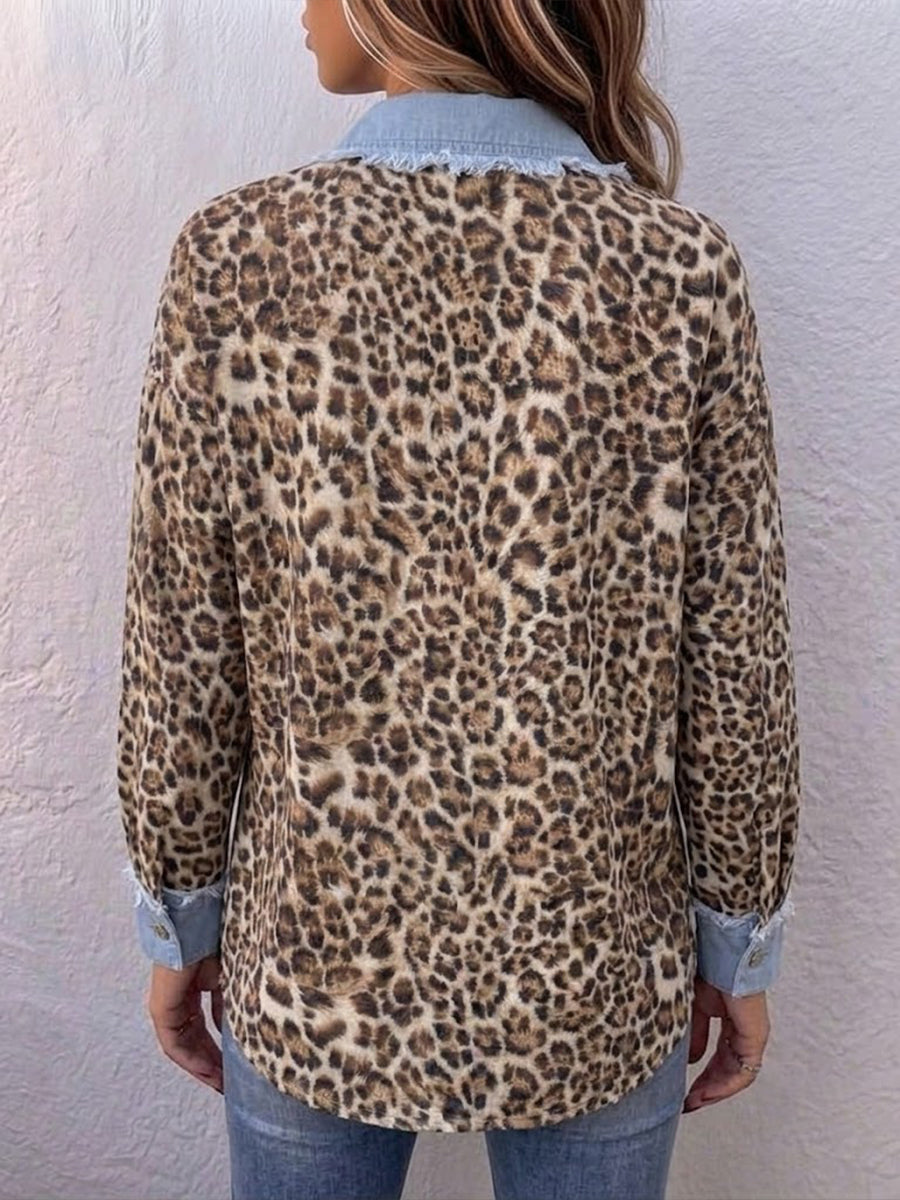 Camisa de ganga casual de corte descontraído com painéis de padrão de leopardo