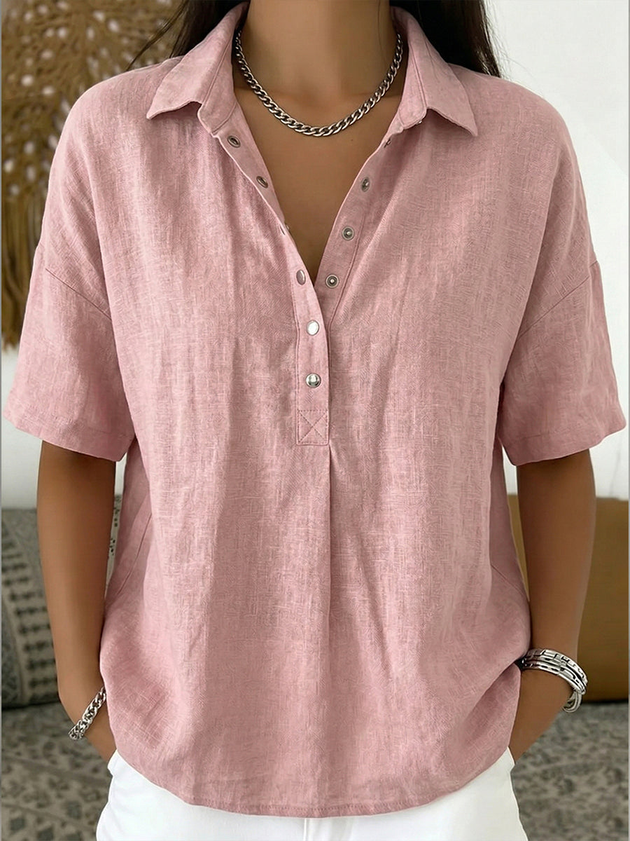 Camicia casual a maniche corte in lino e cotone con colletto polo