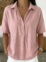Camicia casual a maniche corte in lino e cotone con colletto polo