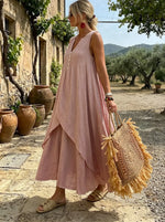 Abito lungo asimmetrico in lino color rosa polvere