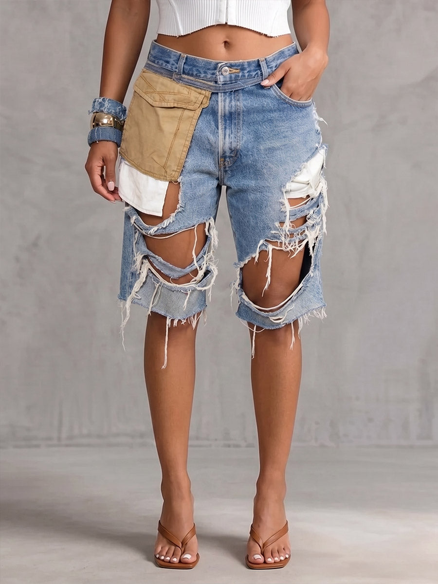 Damen-Jeans mit hoher Taille, lockerem Schnitt, weitem Bein und Rissen