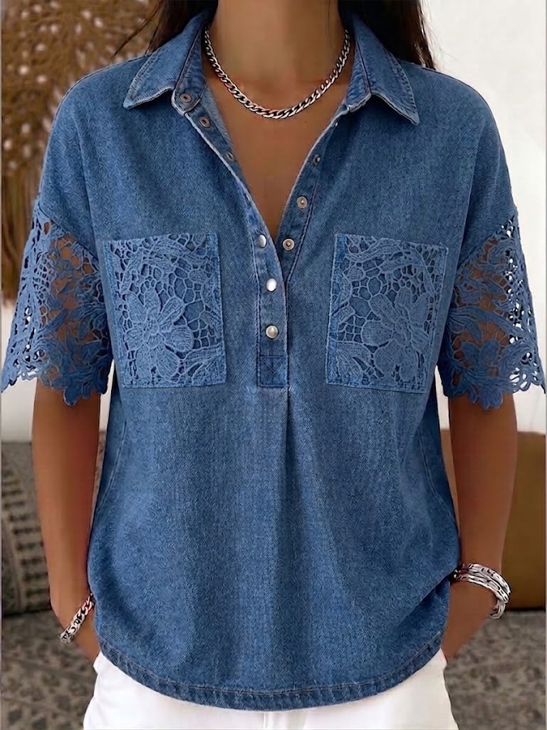 Top casual Henley in pizzo patchwork e denim