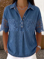 Top casual Henley in pizzo patchwork e denim