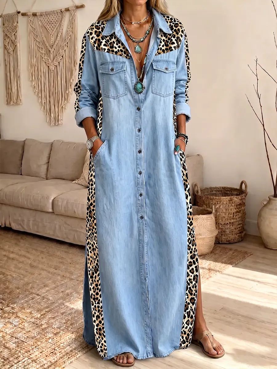 Vestido maxi de mezclilla con botones y paneles de leopardo chic