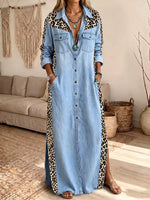 Vestido maxi de mezclilla con botones y paneles de leopardo chic