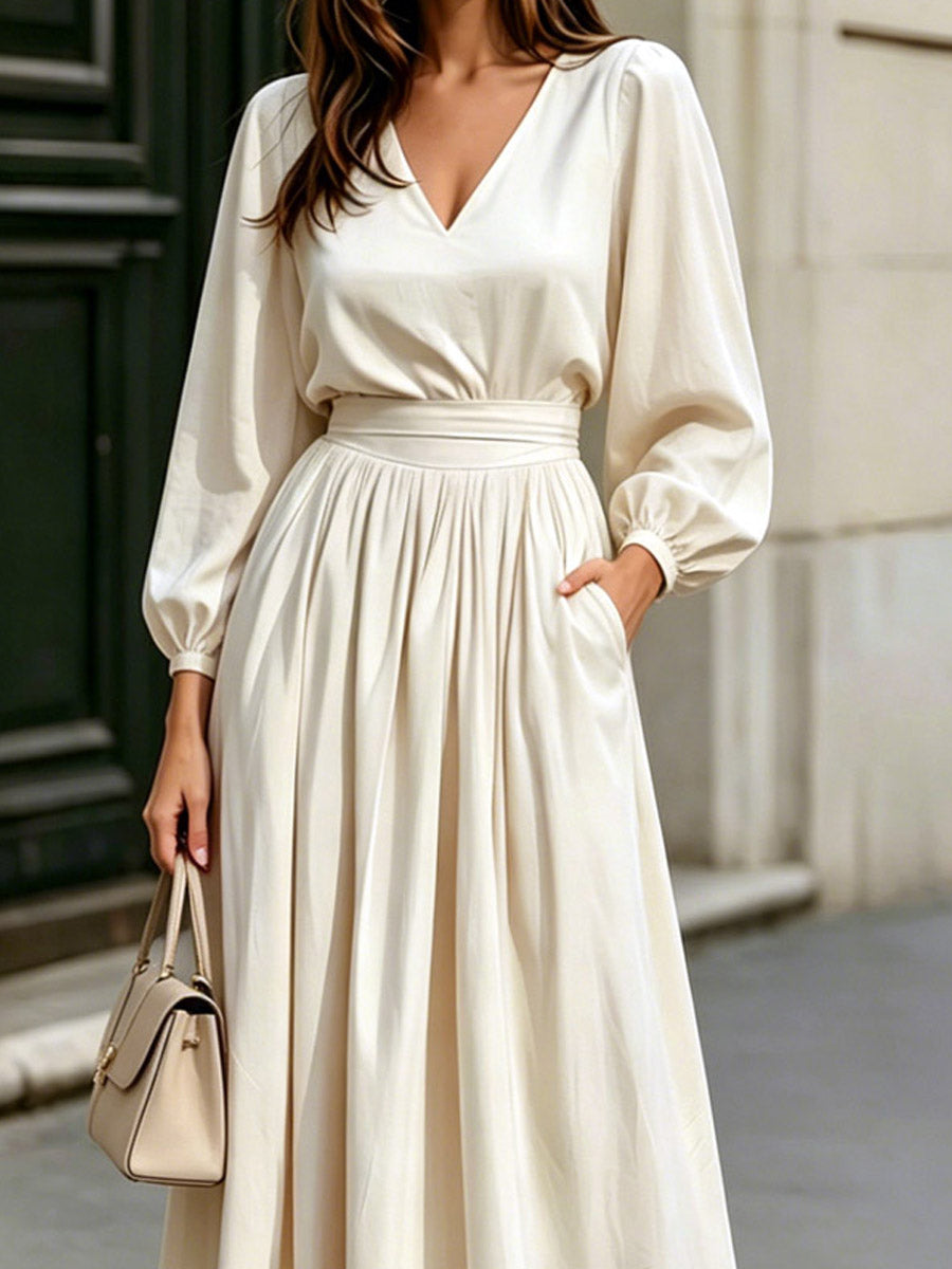 Vestido Maxi Casual Estiloso Retro para Mulher com Decote em V e Mangas Compridas