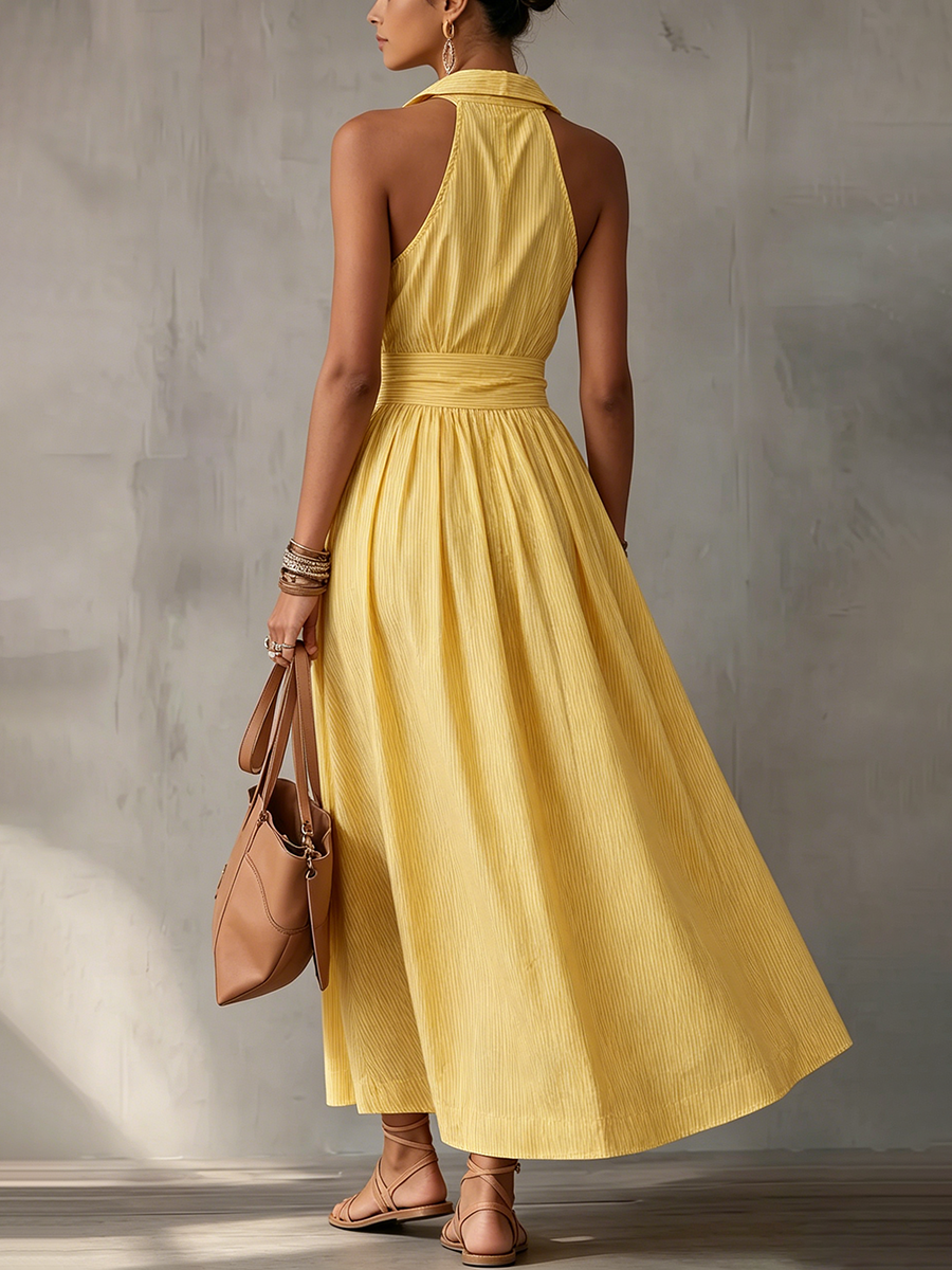 Sonnengelbes Maxikleid mit Streifen – Kreuzfahrt-taugliches Neckholder-Sommerkleid