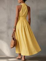 Sonnengelbes Maxikleid mit Streifen – Kreuzfahrt-taugliches Neckholder-Sommerkleid