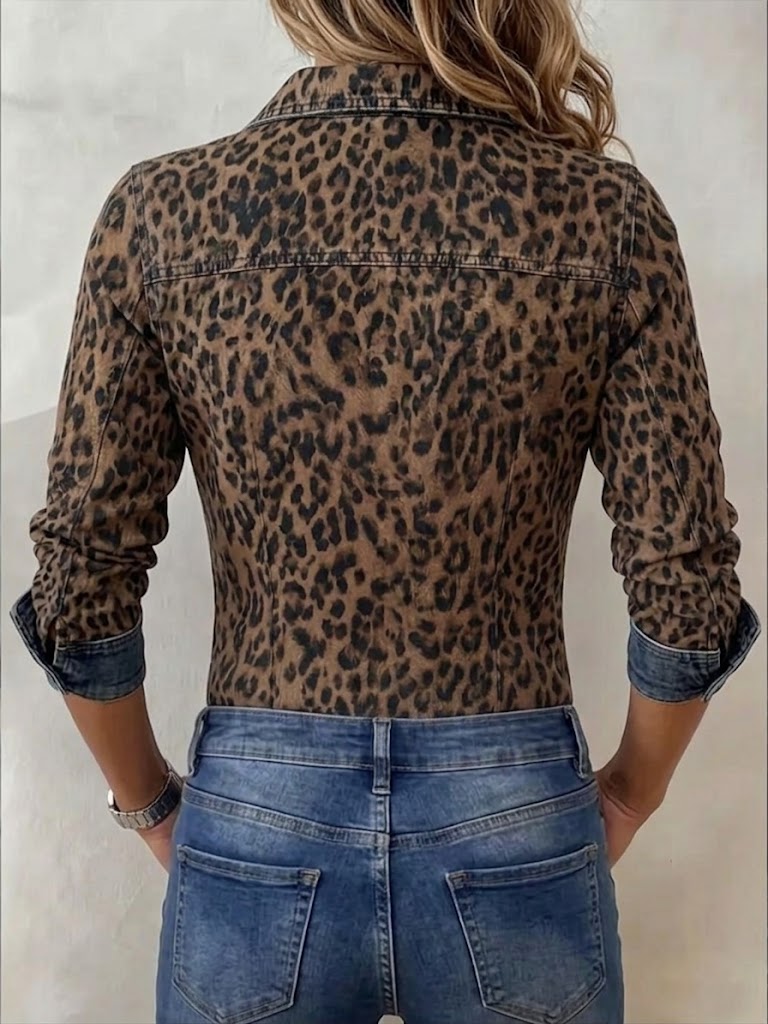 Camicia casual di jeans con zip e pannelli con stampa leopardata elegante