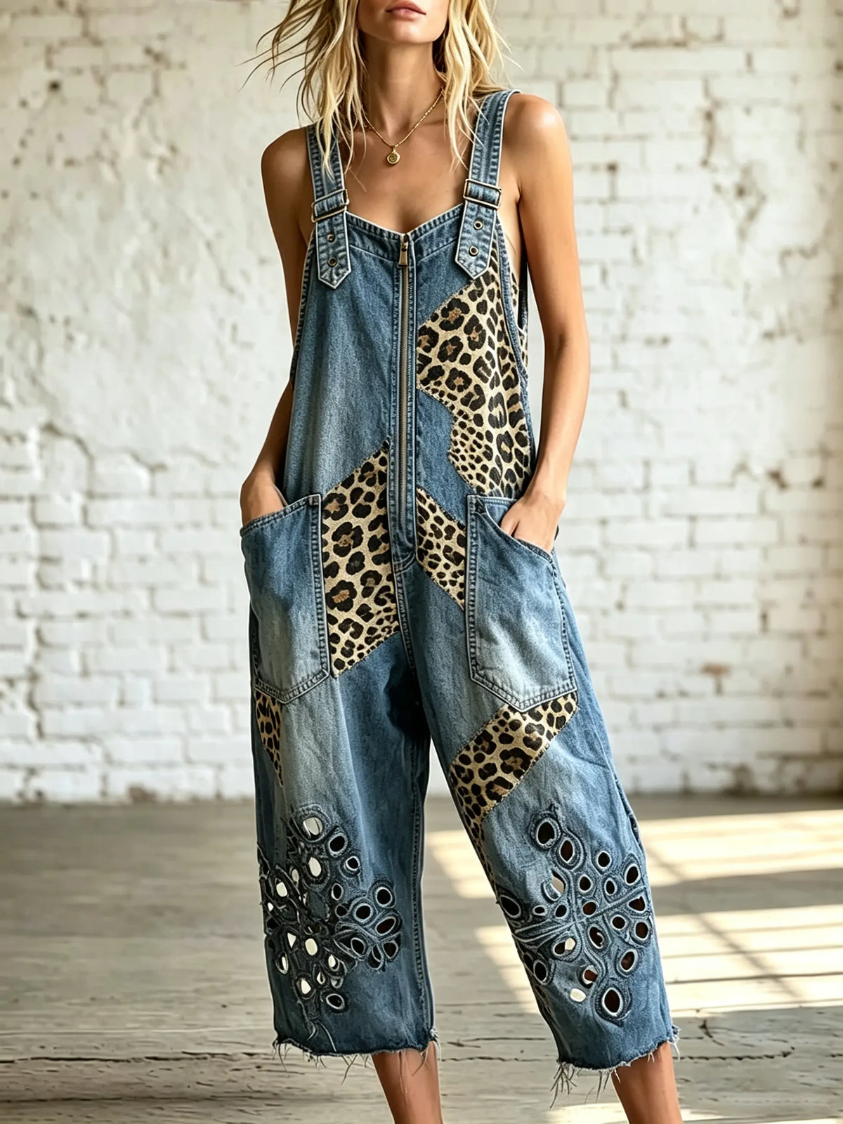 Dames Cropped Denim Overalls met Luipaard Patchwork en Eyelet Details