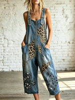 Dames Cropped Denim Overalls met Luipaard Patchwork en Eyelet Details