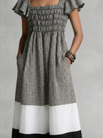 Vestito midi da donna in cotone e lino con scollo quadrato, maniche a volant e motivo a blocchi di colore gingham