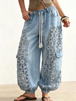Jeans a palloncino da donna con coulisse e pannelli in pizzo