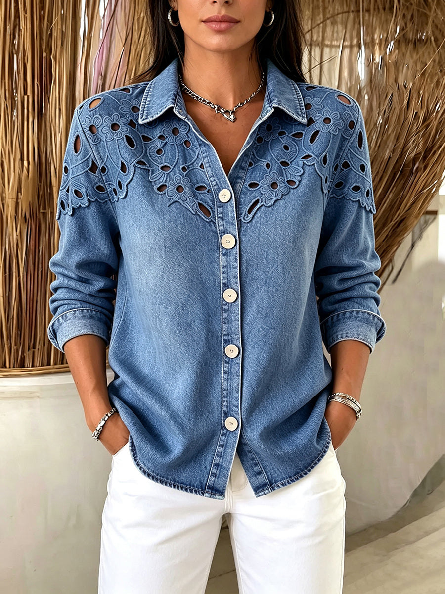 Schicke Jeansbluse mit floraler Stickerei
