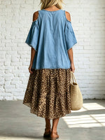 Retro Leopardenmuster Jeans Patchwork Lockeres Kunst Casual Midi Kleid