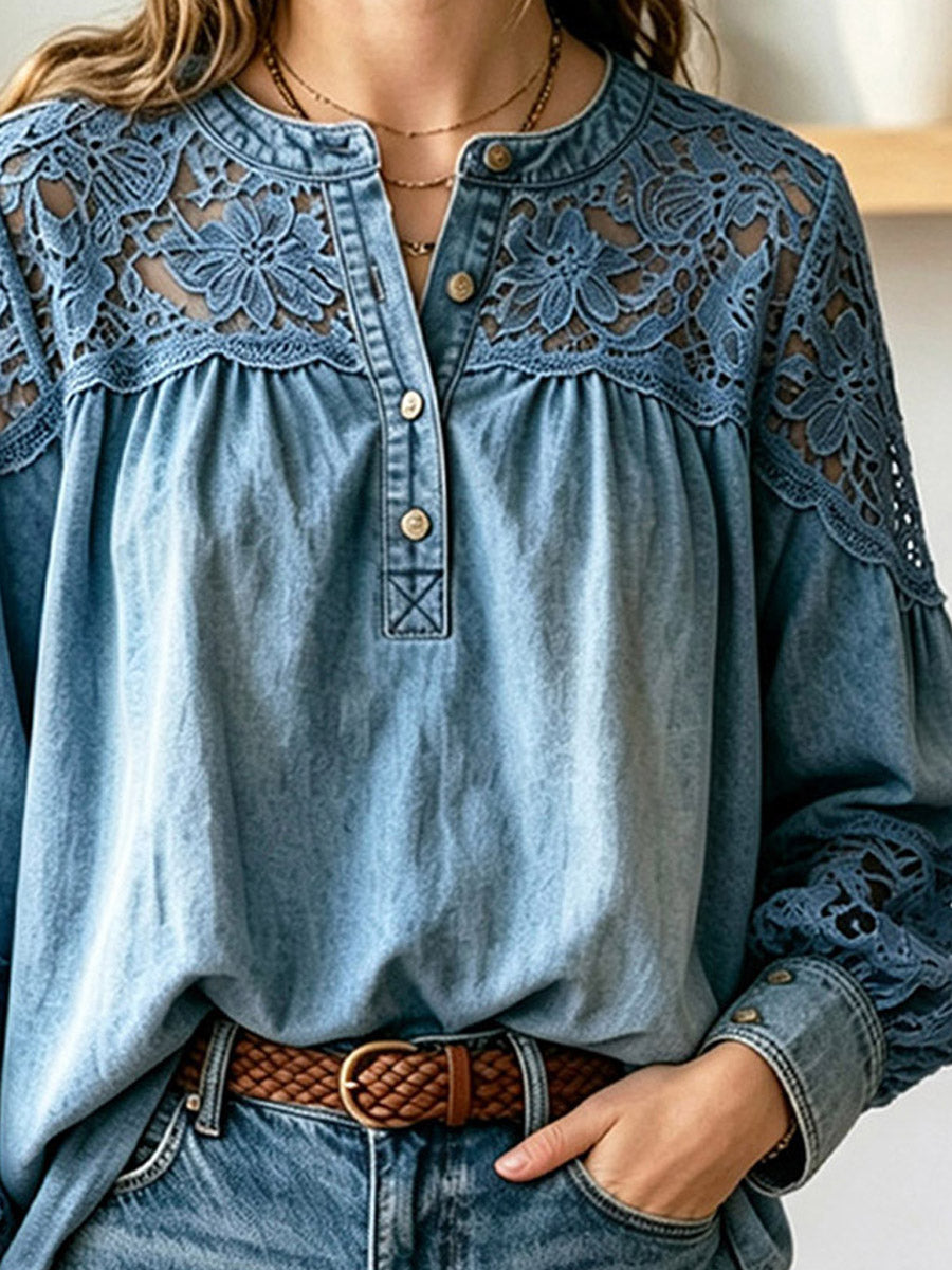 Chemise décontractée à manches longues en denim avec patchwork en dentelle ajourée florale rétro