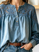 Chemise décontractée à manches longues en denim avec patchwork en dentelle ajourée florale rétro