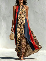 Vestido maxi de mujer con tirantes halter, estampado de leopardo, bloques de color y rayas con abertura.