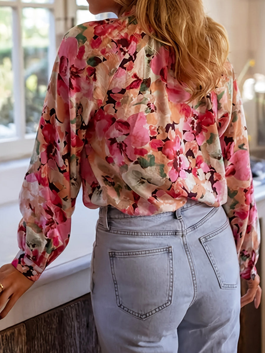 Camicia casual a maniche lunghe con motivo floreale elegante retrò e vestibilità ampia