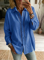 Camicia casual a maniche lunghe in lino e cotone con inserto in nastro traforato