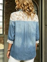 Women's Floral Lace Spliced Washed Denim 3/4 Sleeve Blouse