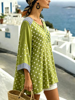 Damen Bluse mit Rundhalsausschnitt, 3/4-Ärmeln, zweifarbigem Polka-Dot-Muster und kontrastierenden Streifen im Patchwork-Stil