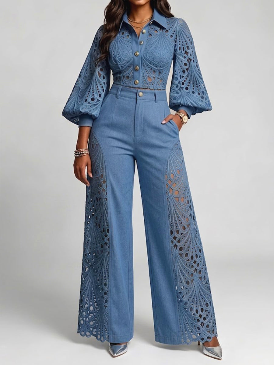 Conjunto casual de dos piezas: camisa de mezclilla con paneles de encaje y pantalones