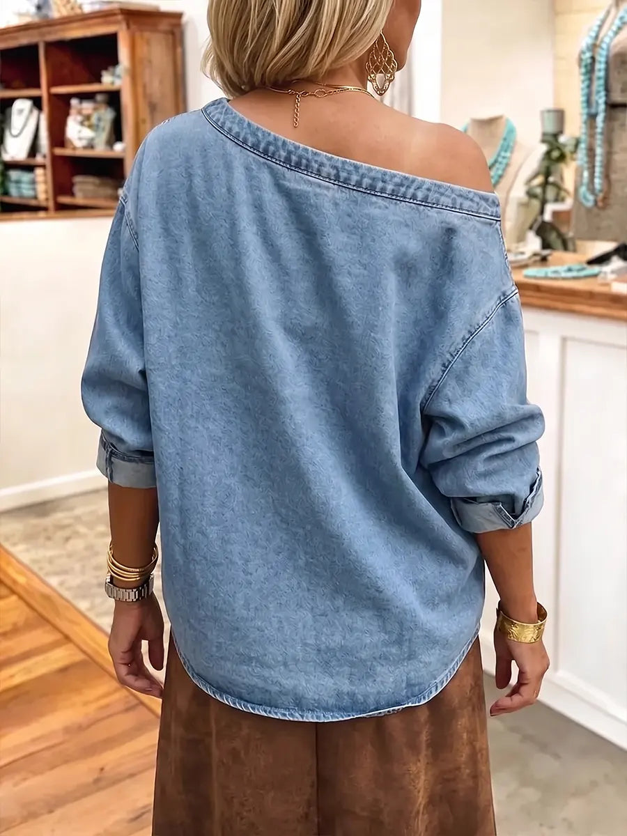 Stilig ledig denimgenser med avfallende skulder