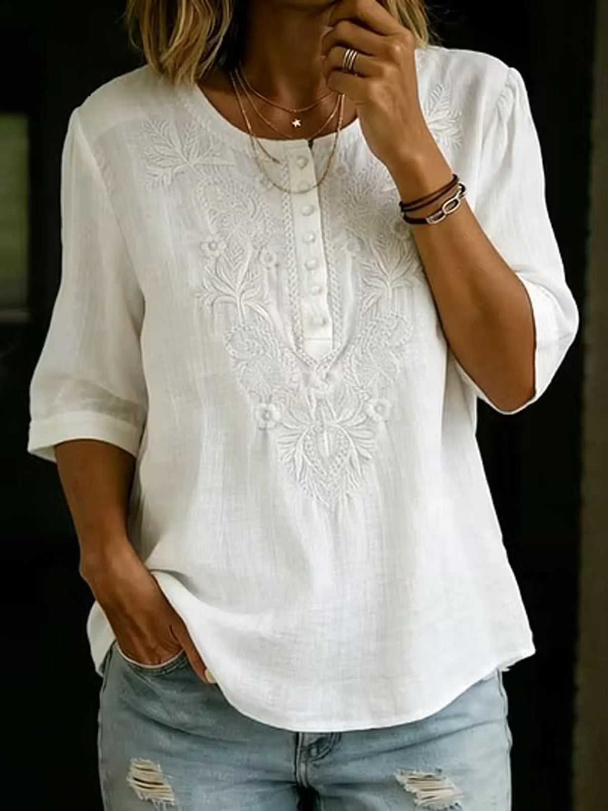 Blusa de manga corta con cuello redondo para mujer, de algodón y lino, bordada y de corte holgado