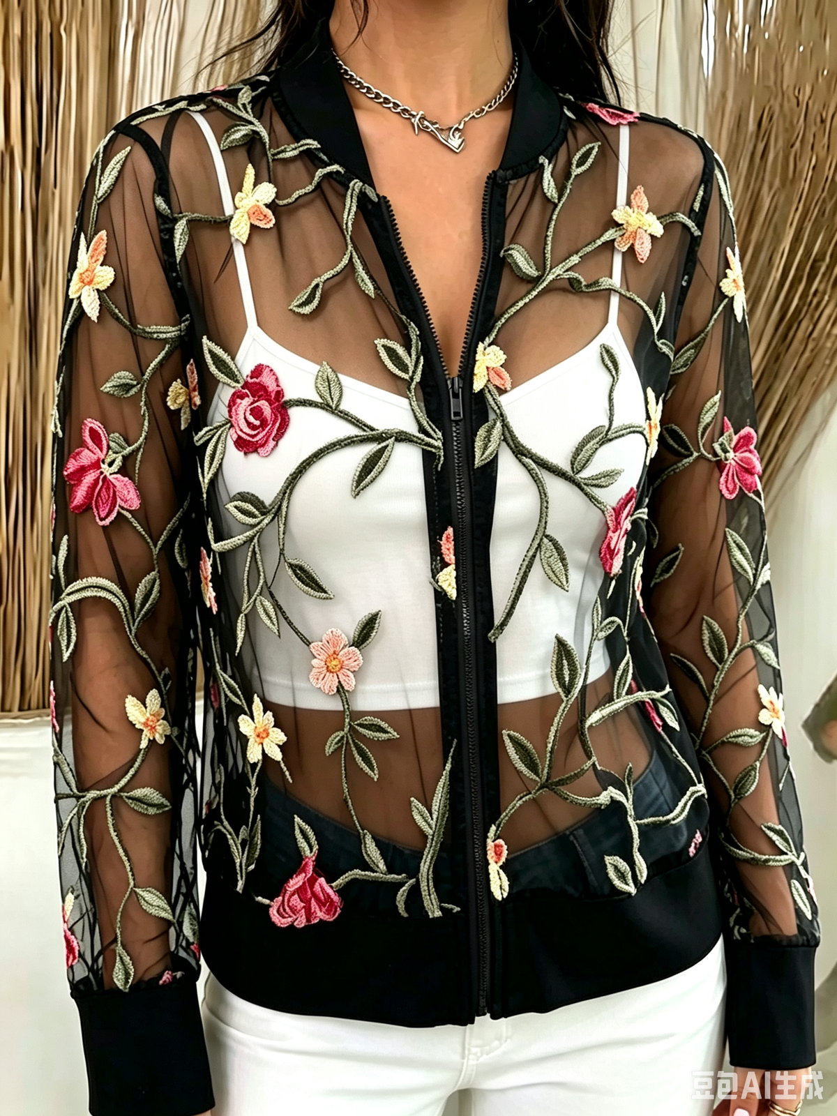 Chaqueta bomber para mujer con cuello alto, cremallera, bordado floral y malla transparente.