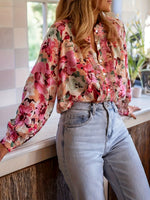 Camicia casual a maniche lunghe con motivo floreale elegante retrò e vestibilità ampia