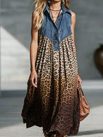 Abito lungo da donna in denim senza maniche con colletto, stampa leopardata a patchwork e tasche laterali