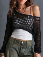Hullete mesh off-shoulder asymmetrisk kort genser med lange ermer
