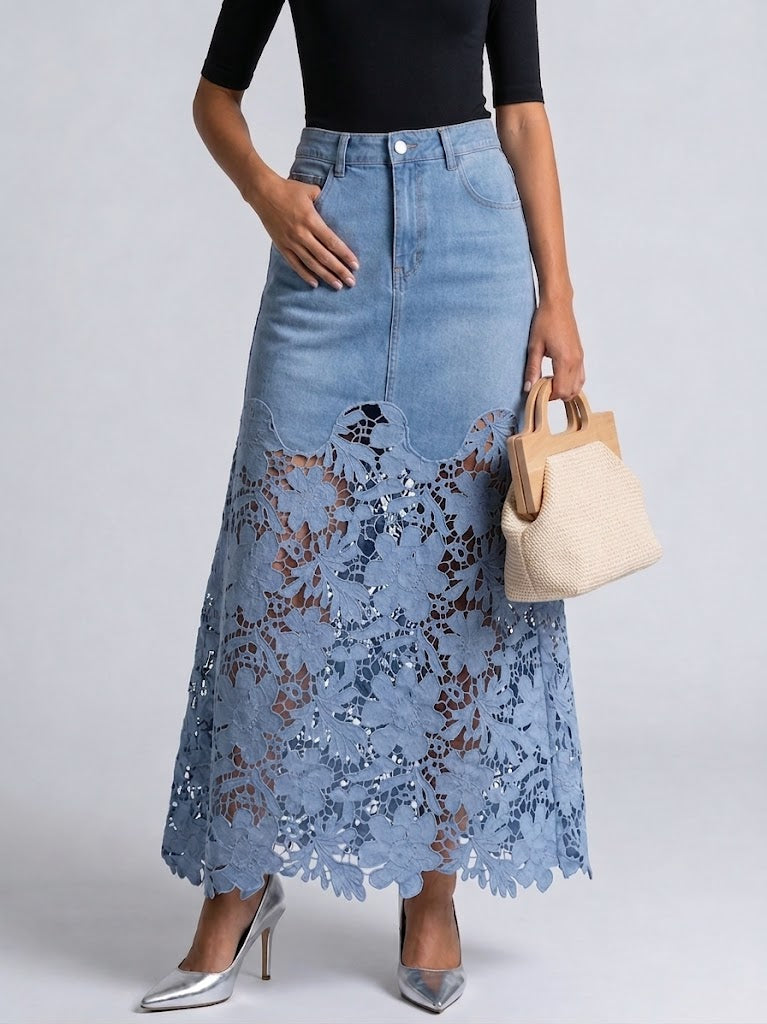 Gonna di jeans con pizzo patchwork, elegante e casual
