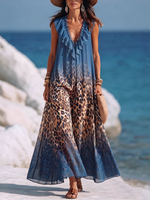 Vestito blu con scollo a V, volant e stampa leopardata sexy per feste in vacanza